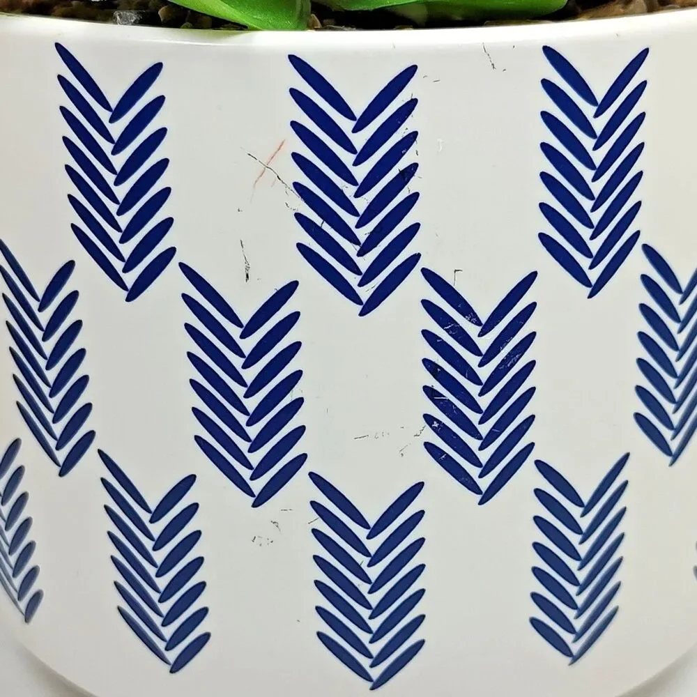 Modern Coastal Artificial Succulent Potted Houseplant Navy Blue White Chevron
